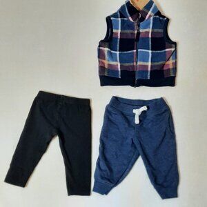 CARTER'S PLAID FLEECE BABY VEST And 2 Pants Mix, Unisex Baby Outfit, 3 Piece Set